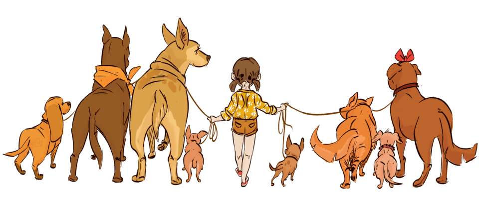 flicka som går ut med många hundar tecknad bild